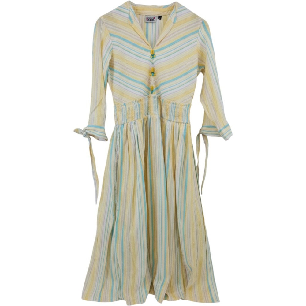 I Love By S4U Yellow Pastel Striped Smocked Waist‎ Midi Dress Lurex Detail M